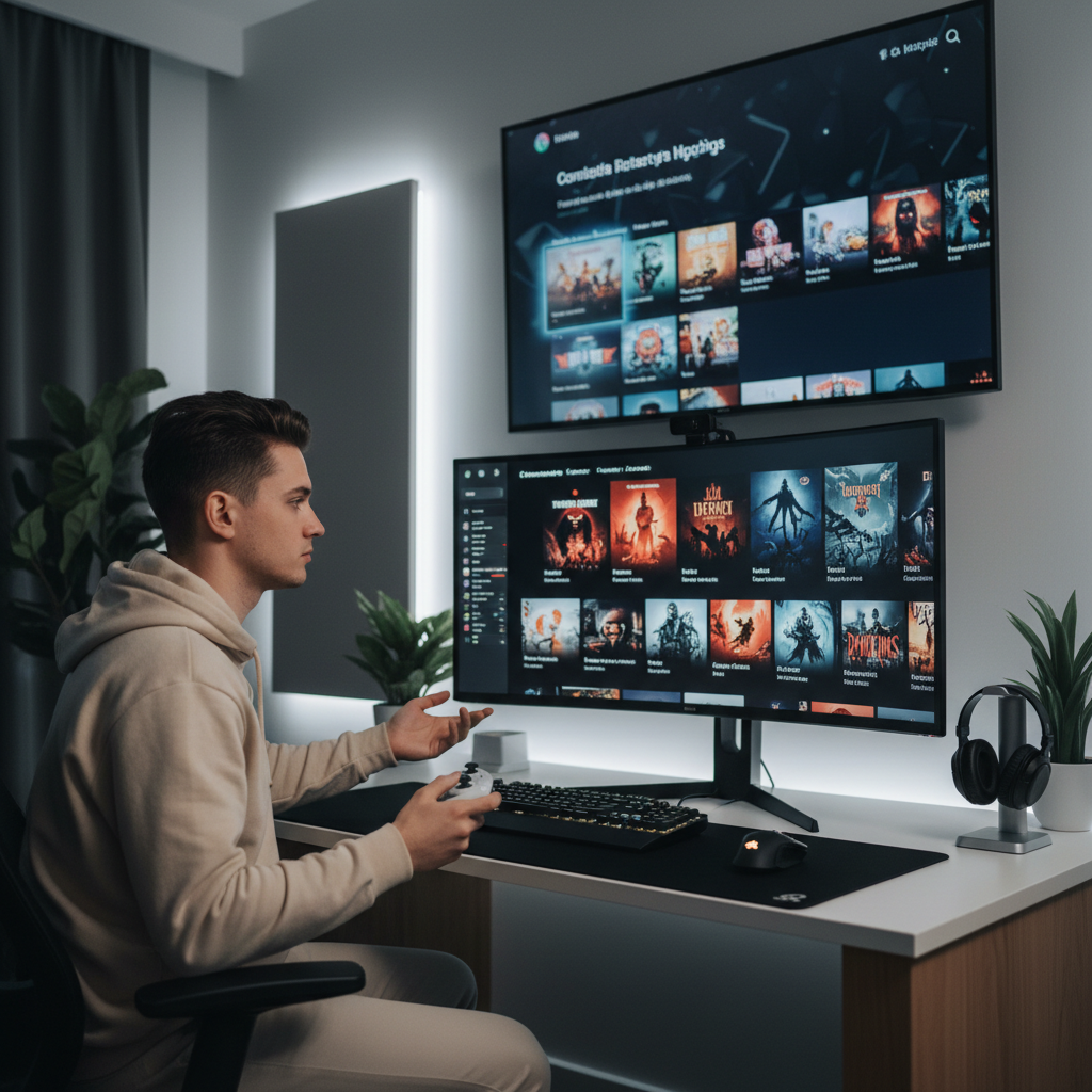 Player comparing horror game options on PC and console storefront
