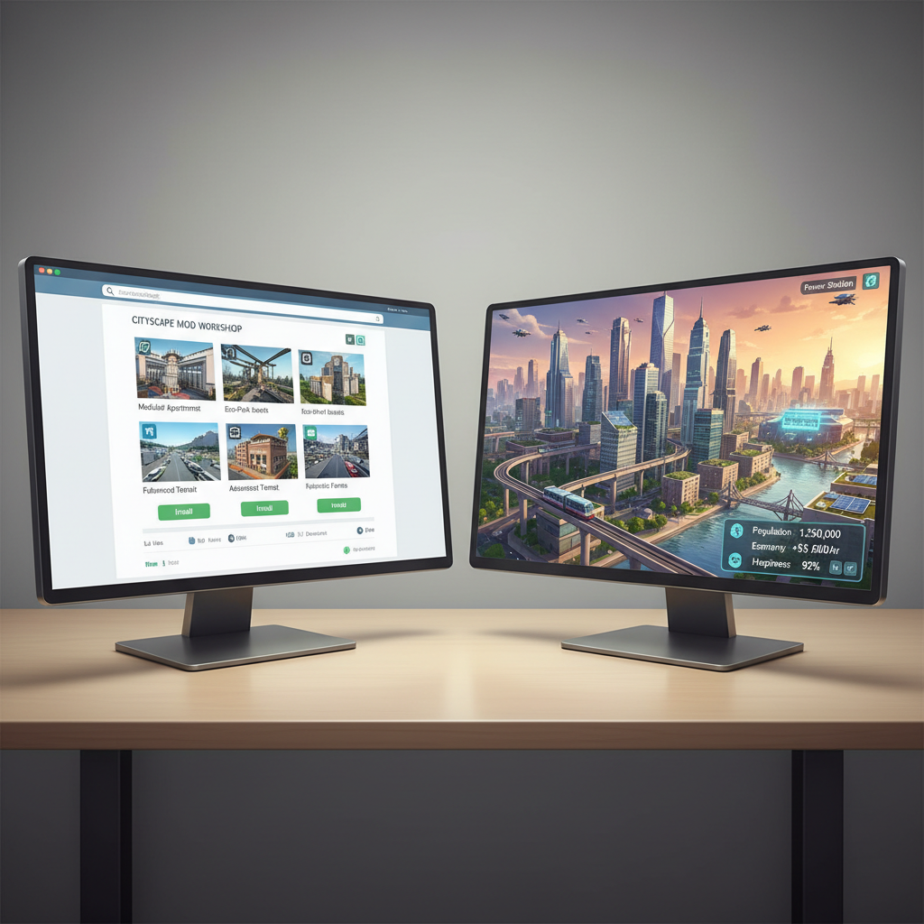 Modded city-building game workshop page and in-game skyline