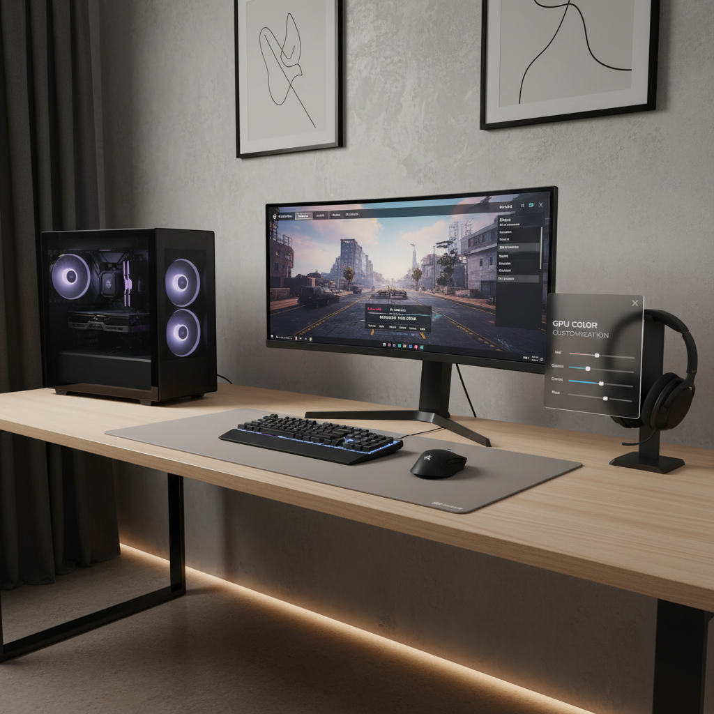 PC gaming setup showing HDR monitor, GPU settings, and game menu