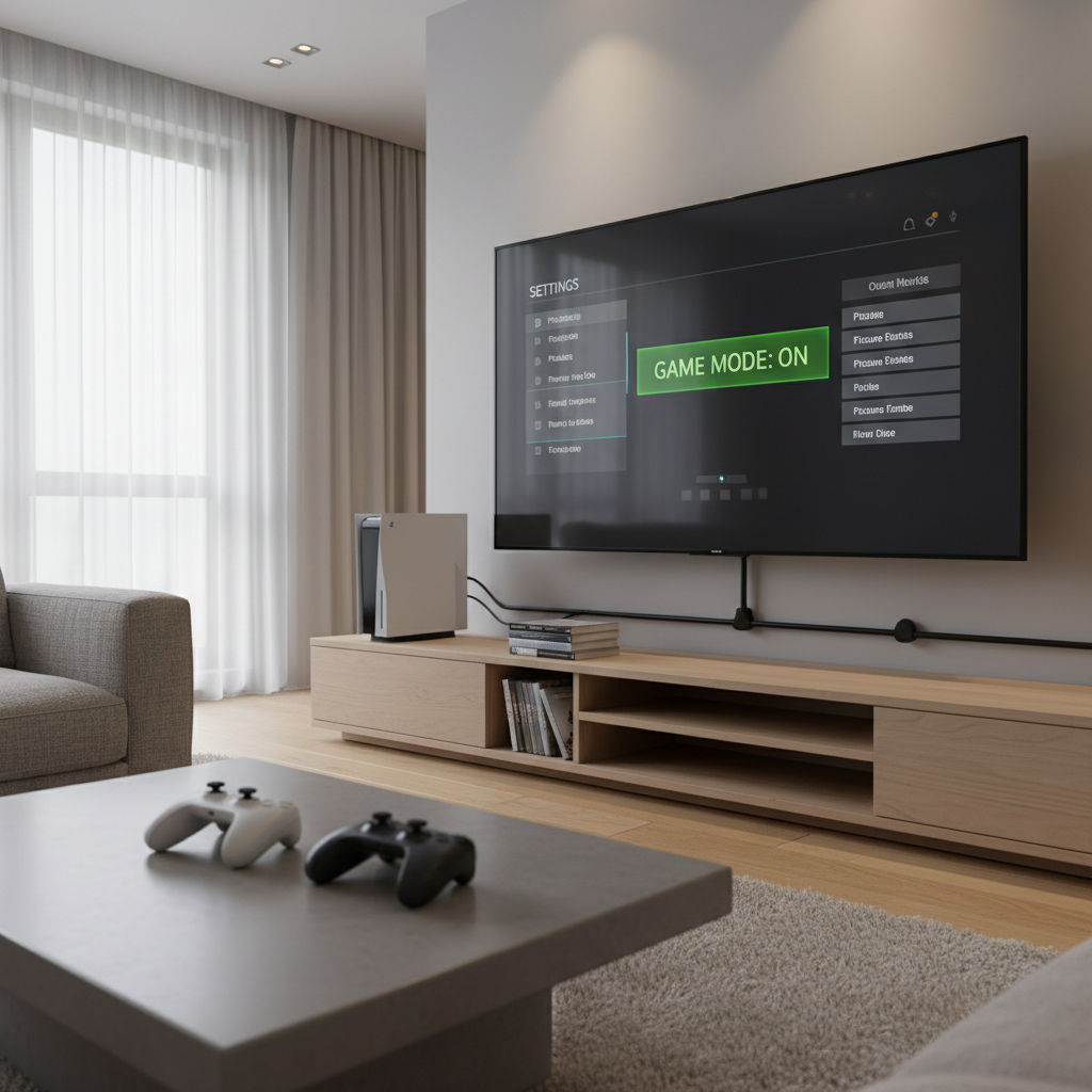 Console split-screen setup with two controllers and TV in game mode settings