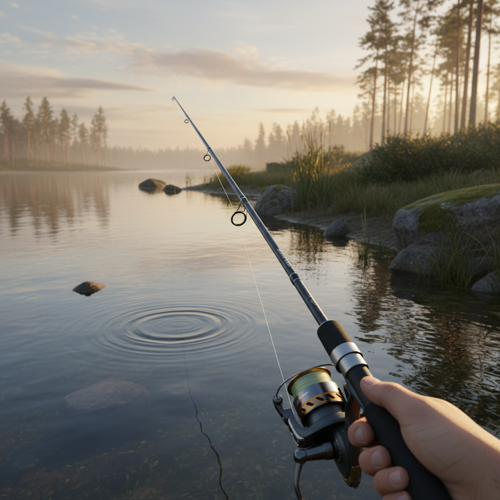 In-game view of a calm lake with realistic water, shoreline structure, and fishing rod in foreground