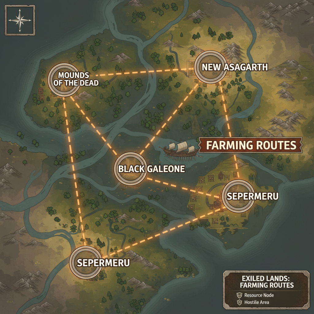 Conan Exiles thrall farming route map showing Sepermeru, New Asagarth, and Black Galleon