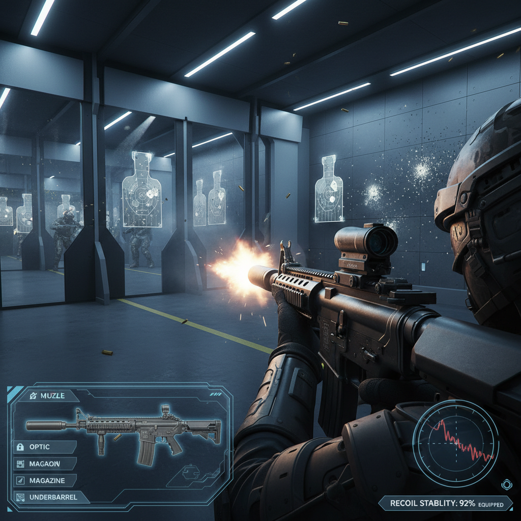 Warzone 3 player testing recoil and attachments in firing range