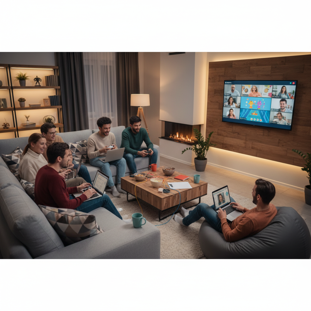 Friends playing online party games together on laptops and consoles