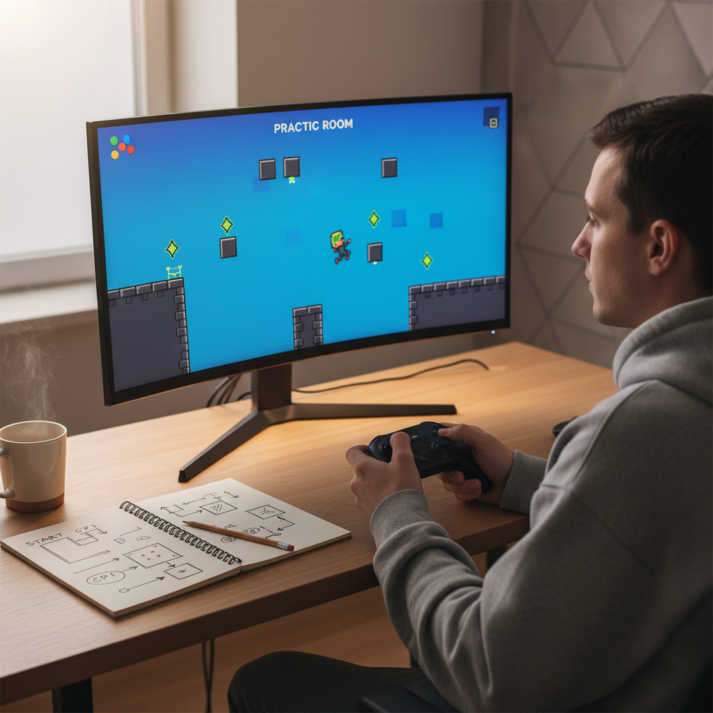 Gamer taking notes and practicing platformer sections methodically