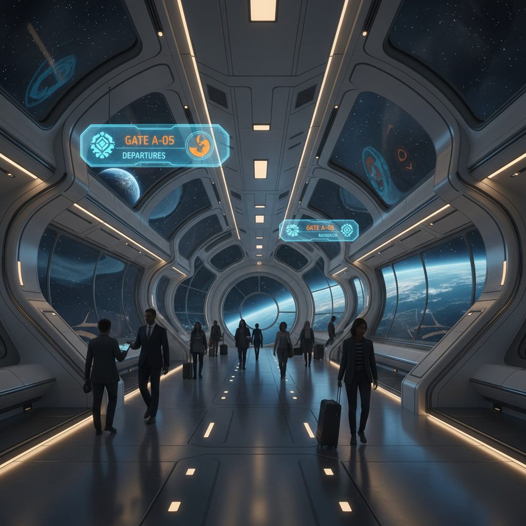 On-foot first-person gameplay inside a futuristic space station concourse