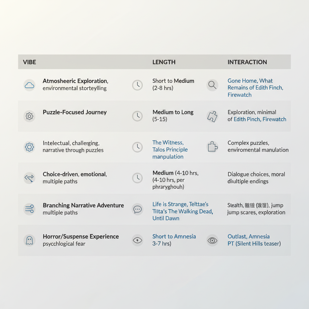 Table comparing types of story-driven walking simulator games by vibe and time