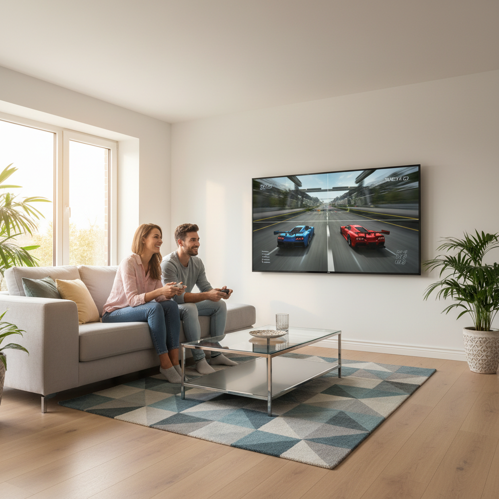 Two players enjoying split-screen couch co-op gaming on a living room TV