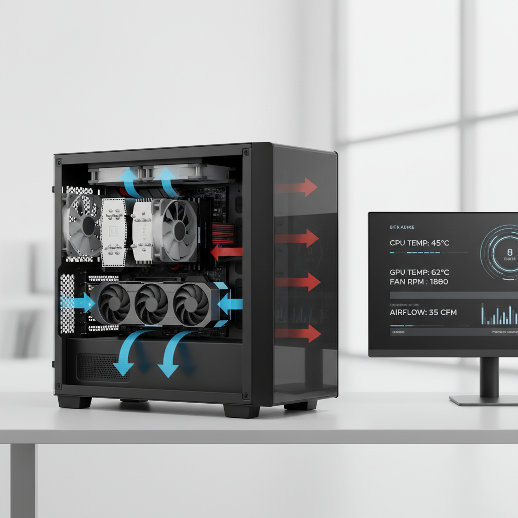 Gaming PC airflow and cooling concept showing GPU and CPU temperatures