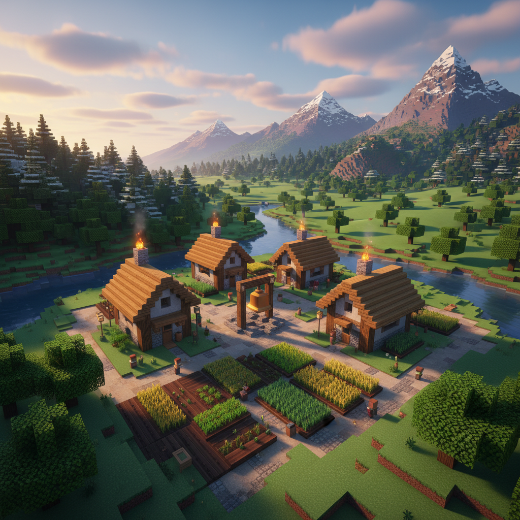 Minecraft village at spawn with farms and nearby biomes