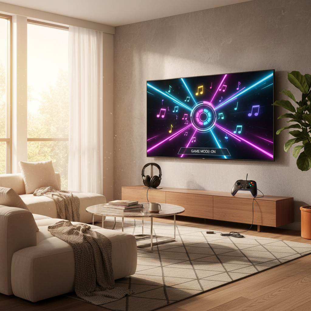 Living room gaming setup showing TV in game mode, wired headphones, and controller for low-latency rhythm gameplay