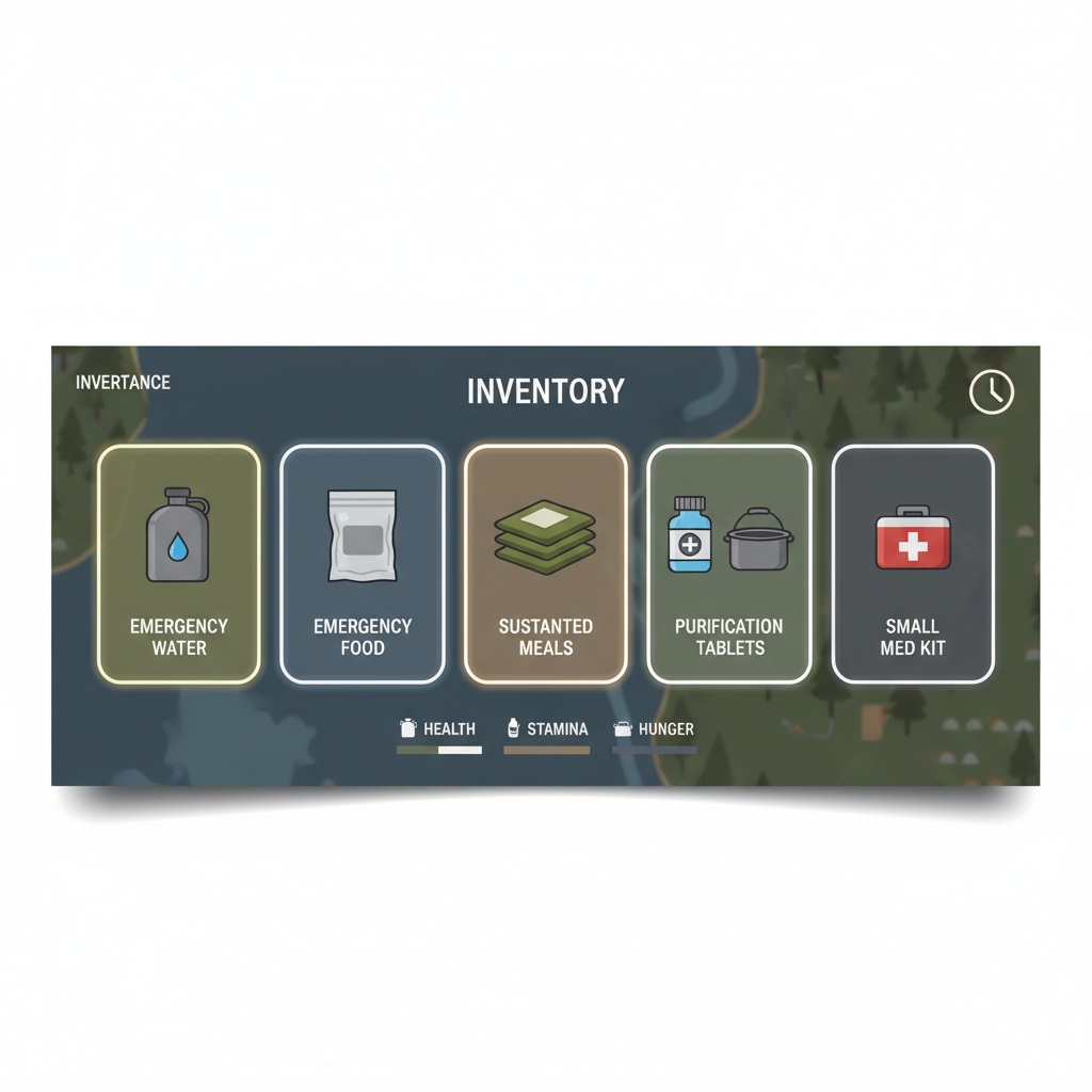 Inventory loadout showing emergency food and water slots for a survival run
