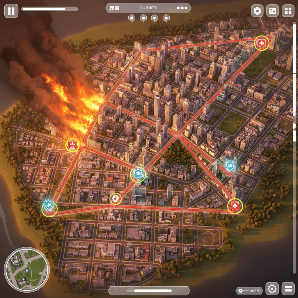 Emergency response planning in a city building game with evacuation routes