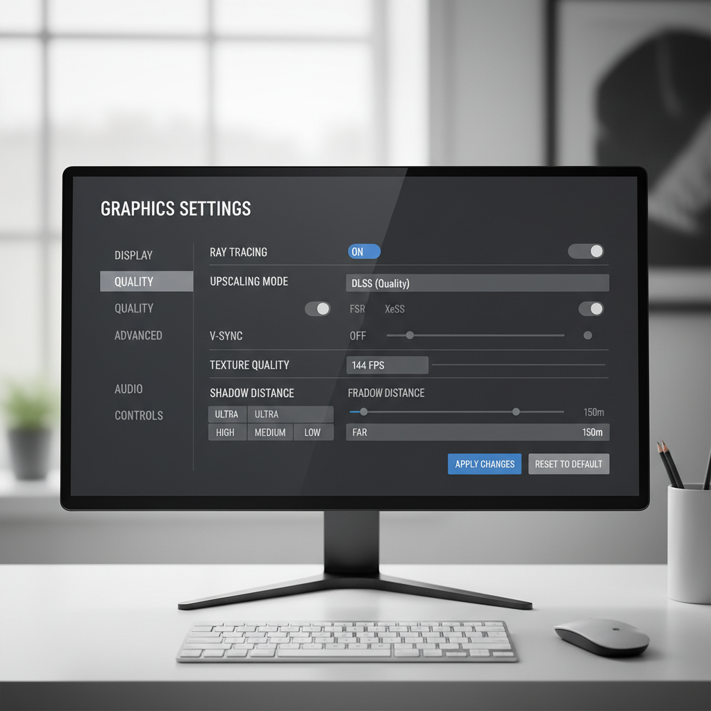 In-game graphics settings showing ray tracing, upscaling, and frame cap options