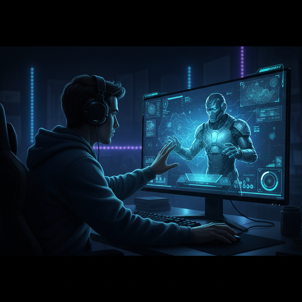 Player using holographic map and scanning interface in a sci-fi game