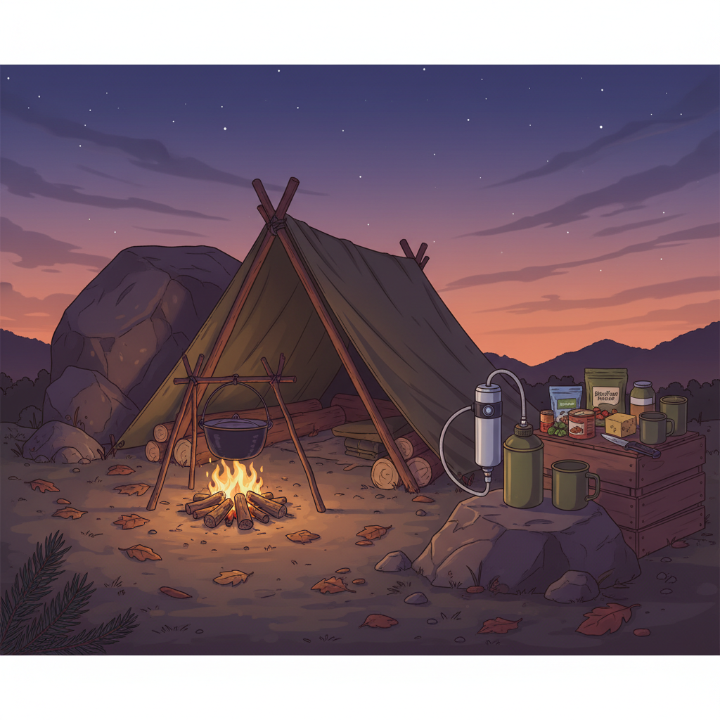 Survival game camp setup with cooking pot and water purification near a small shelter