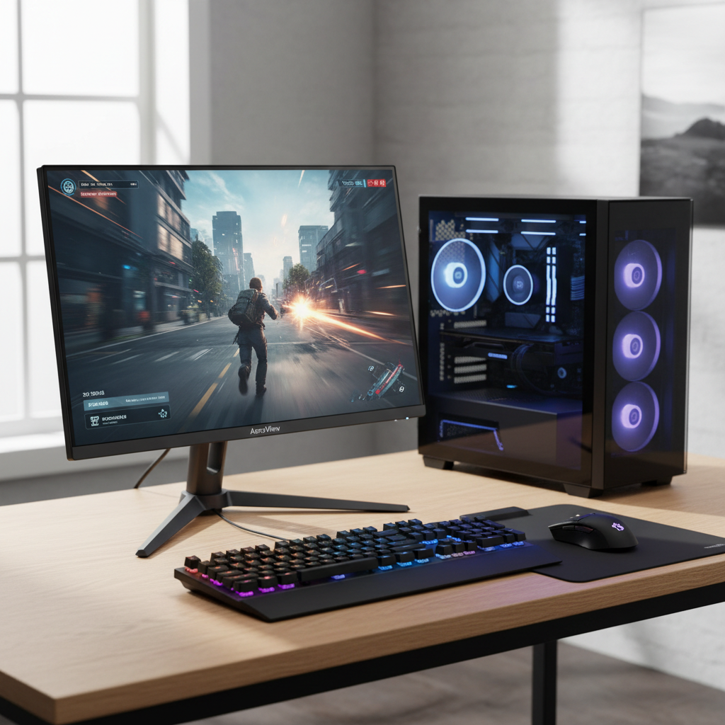 Budget 1080p 144Hz gaming monitor on a desk with PC setup