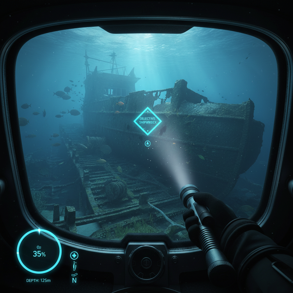 Underwater survival game UI showing oxygen gauge and navigation waypoint