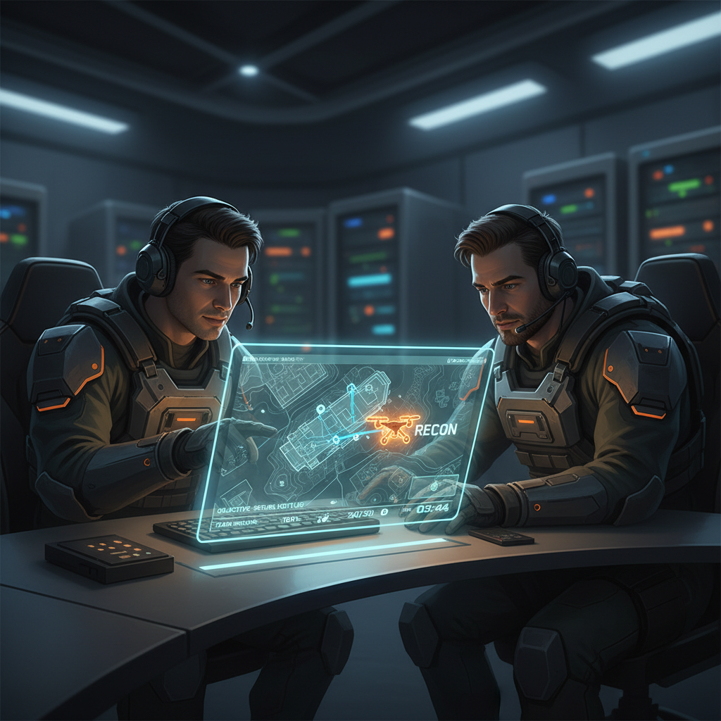 Co-op drone recon planning on a tactical map screen