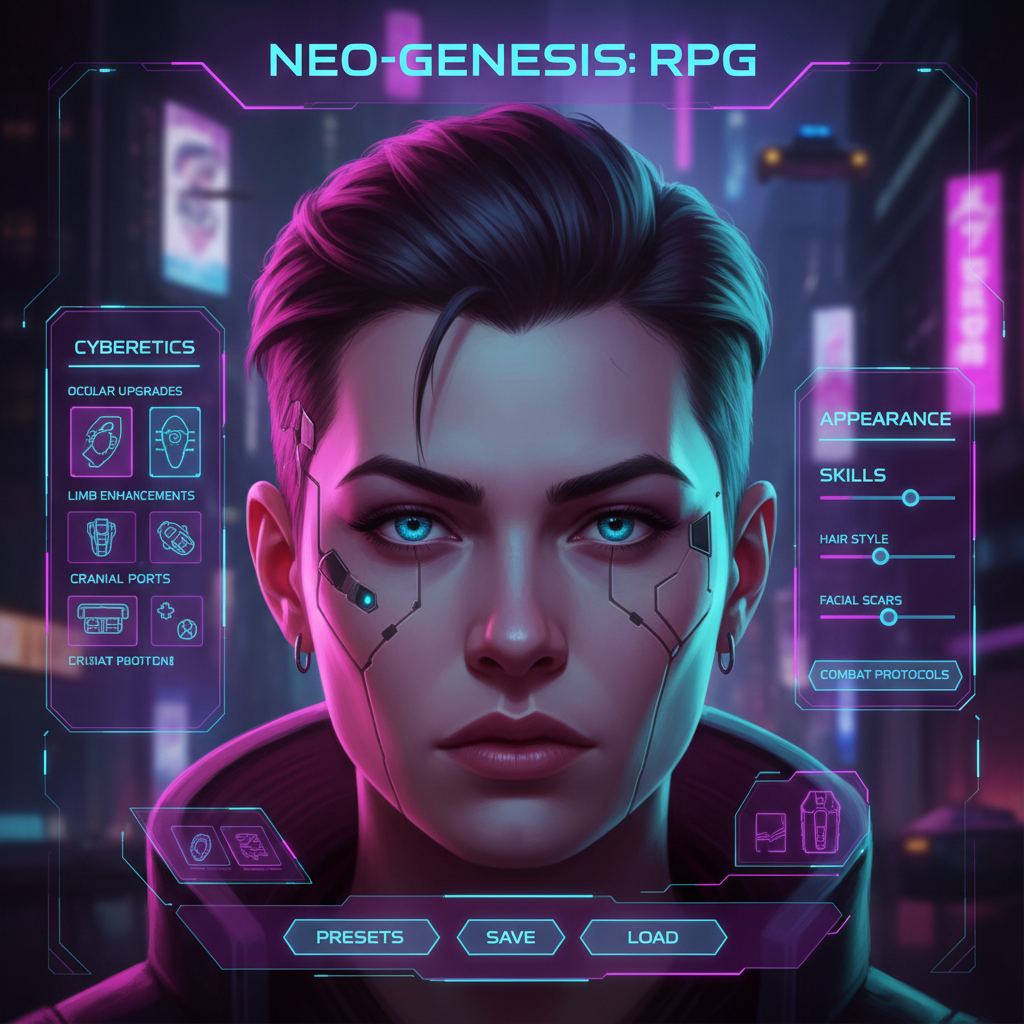 Cyberpunk RPG character customization with cybernetic implants and neon UI