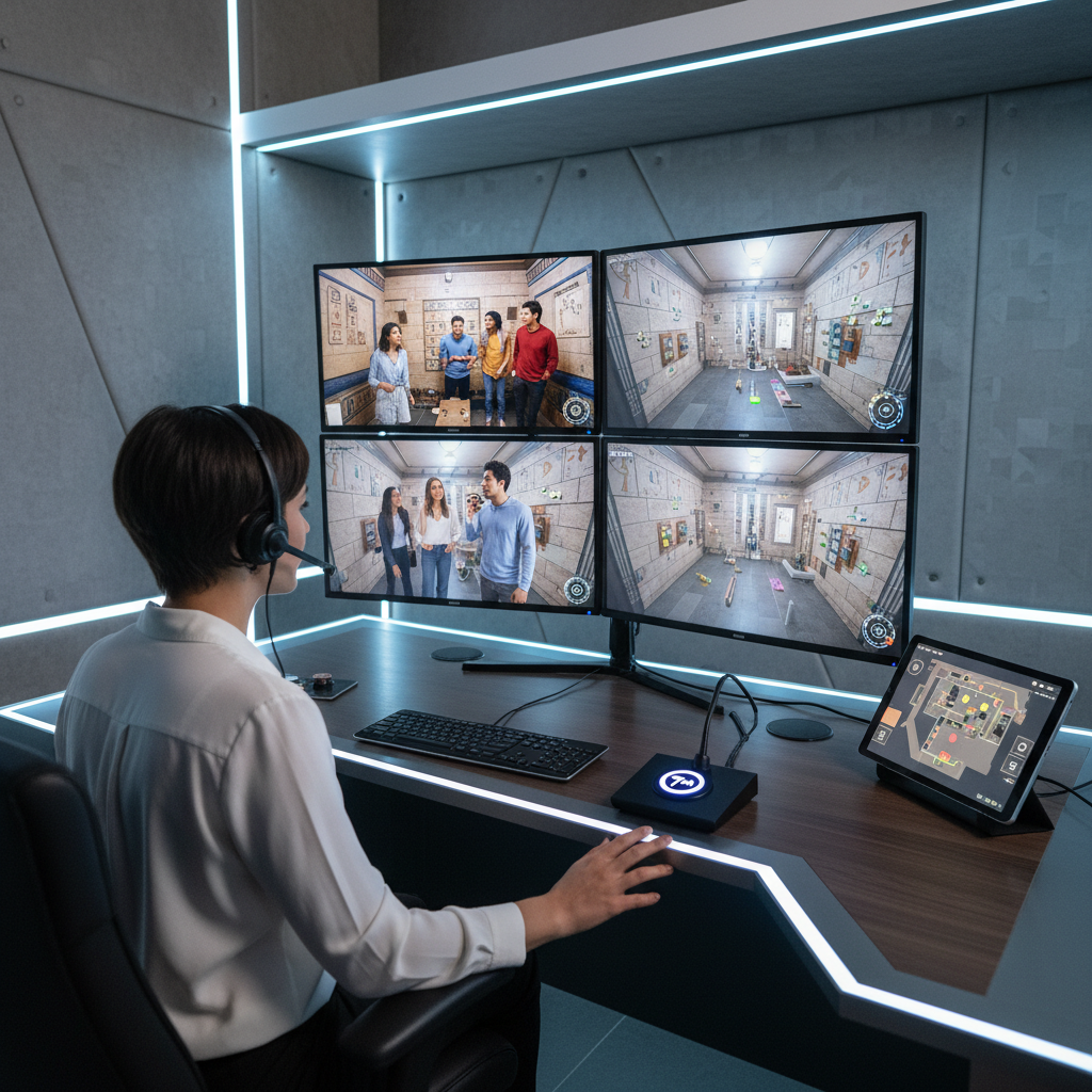 Game master providing a hint to an escape room team via monitor