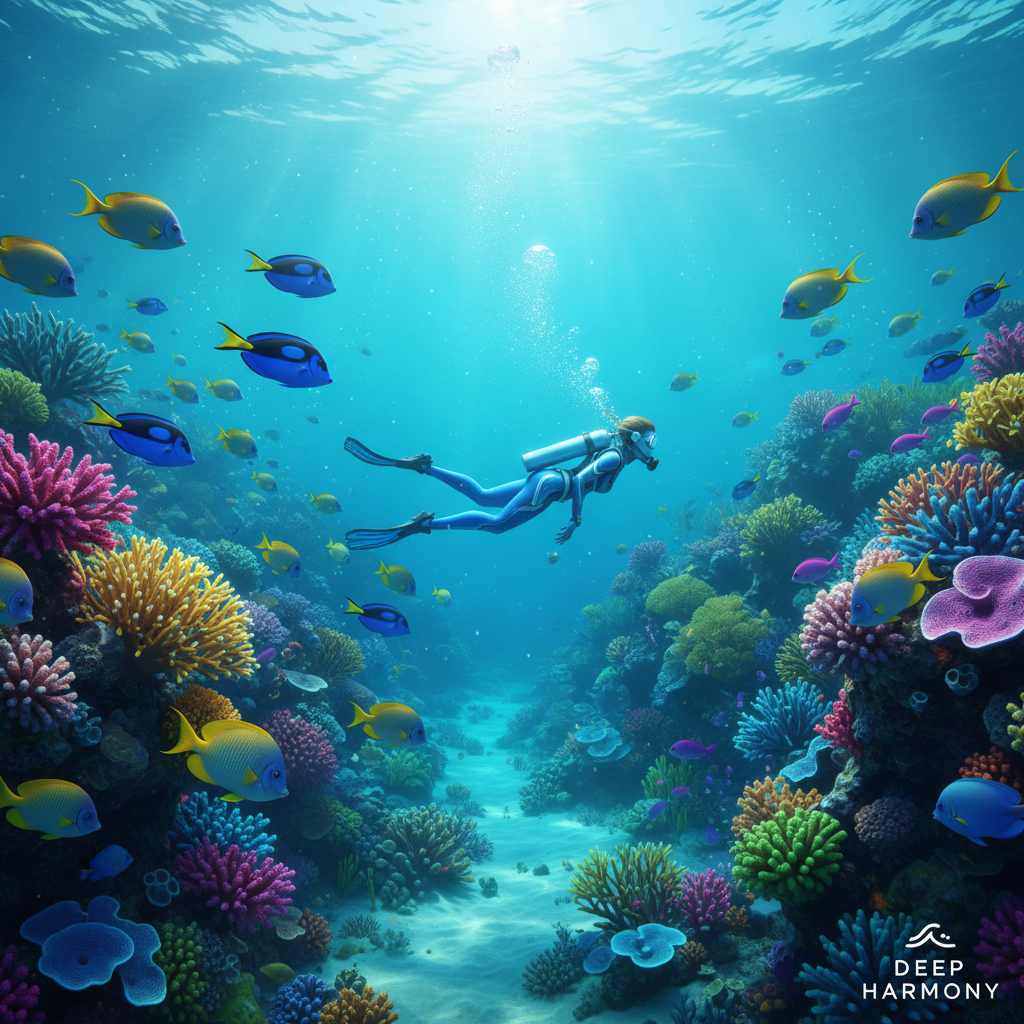 Relaxing underwater exploration game scene with colorful fish and a diver